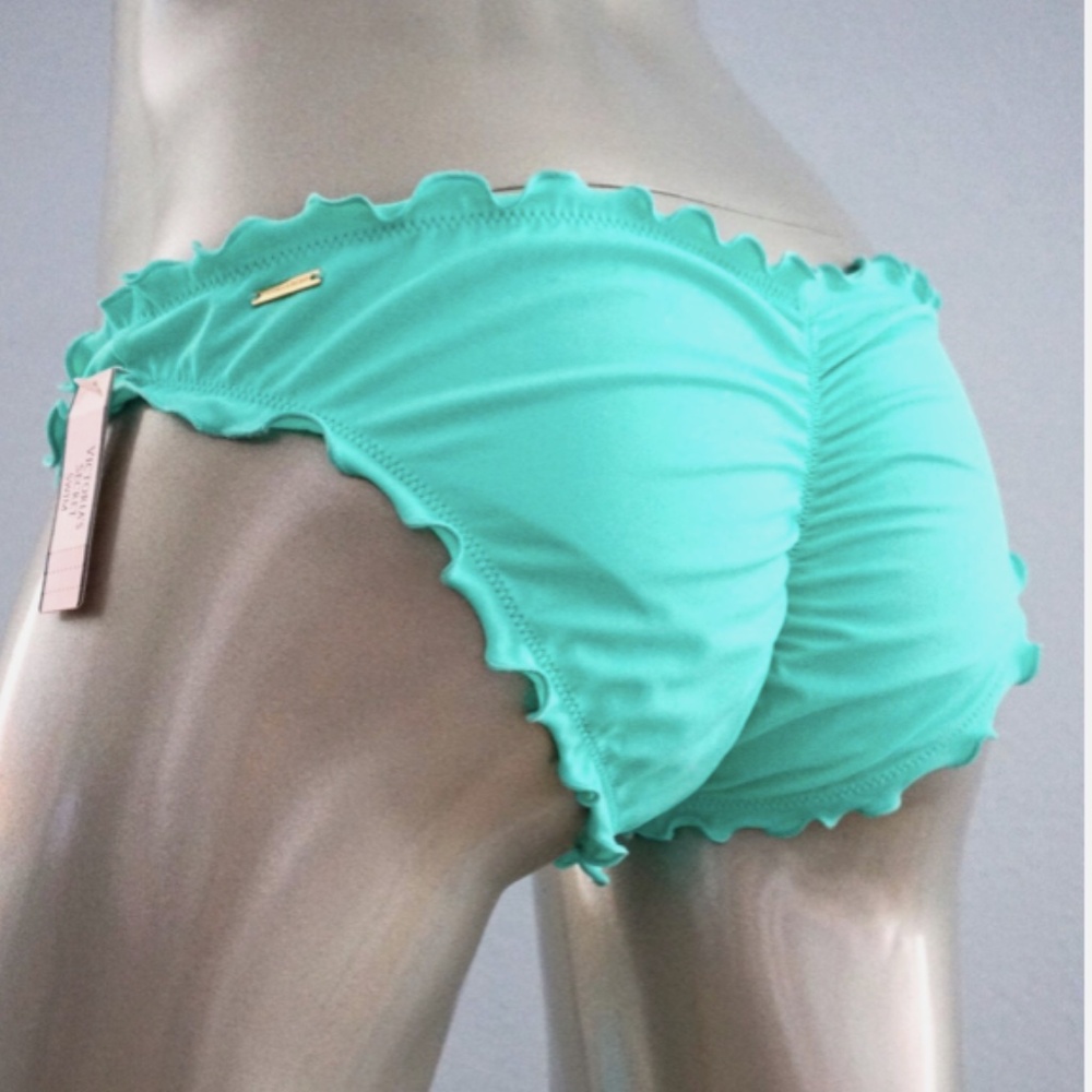 Victorias Secret NWT The Ruffle Cheeky Aqua Ruched Swim Bikini Bottom XS